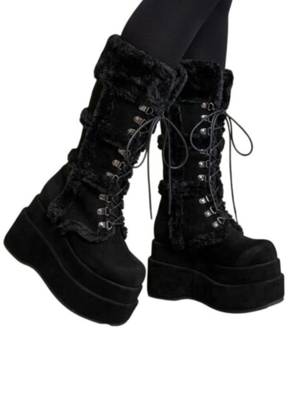 Demonia Platform Lace-Up Faux Fur Knee Boots - Black size 6